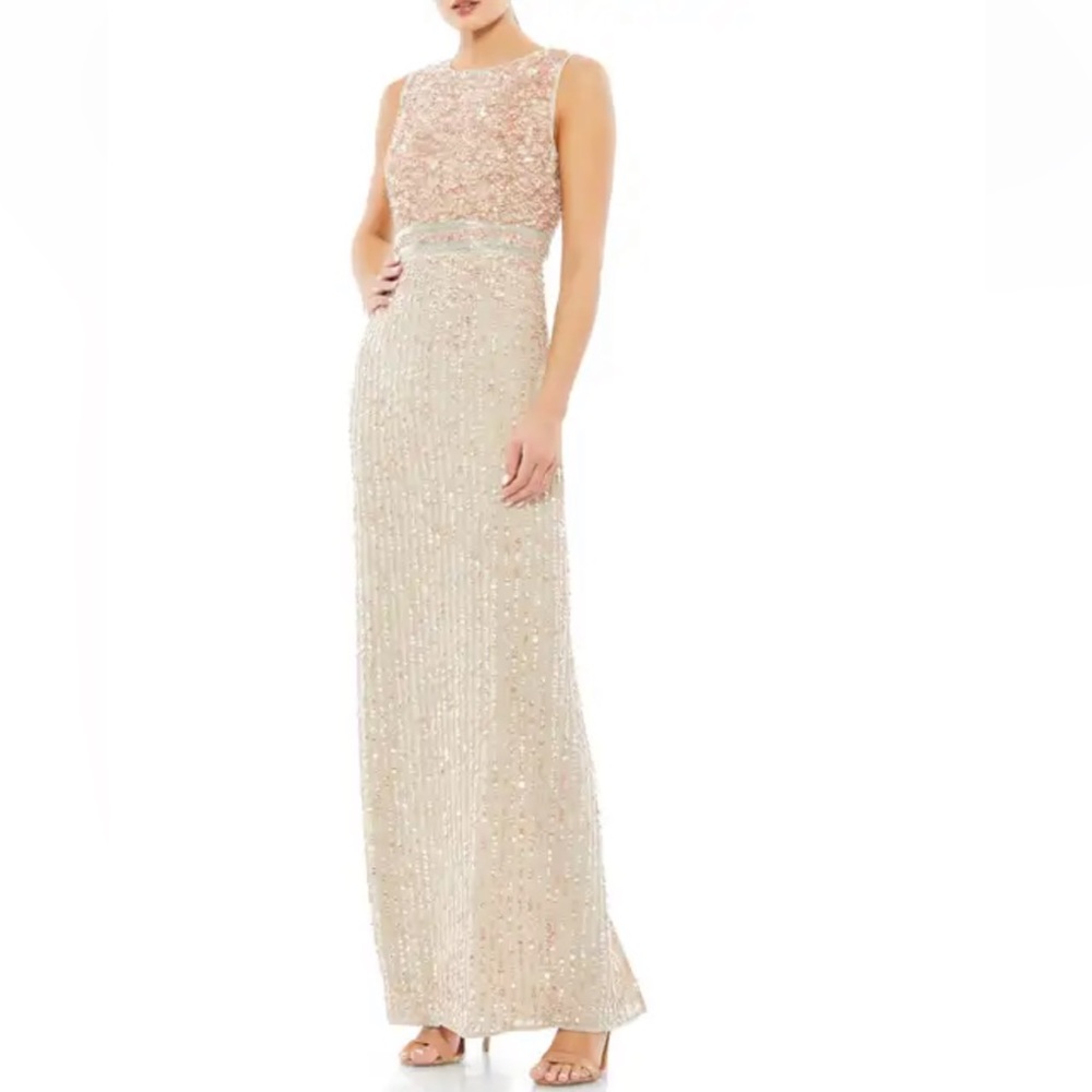 Mac Duggal Beaded Maxi Dress in Rose Gold and Silver